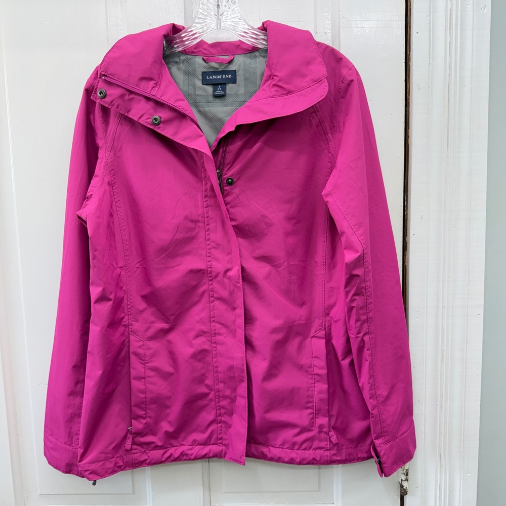 Lands' End Womens Small 6 8 Pink Zip Up Hooded Rain Jacket Cinchable Hem 410478